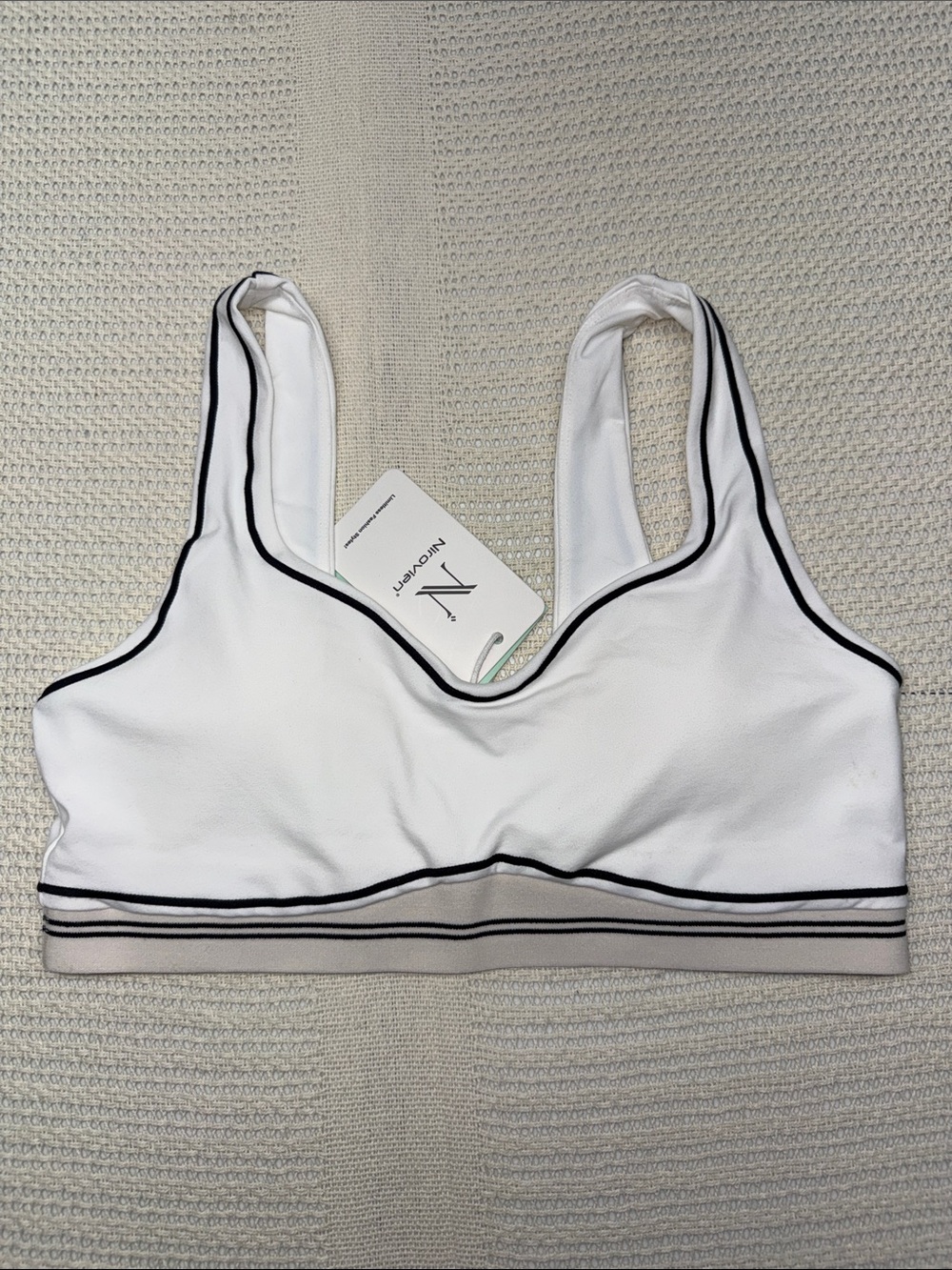 White Sports Bra with Taupe Band and Black Piping